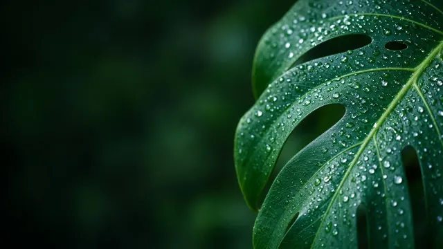 Monstera Dewdrop Foliage with Deep Forest Bokeh
