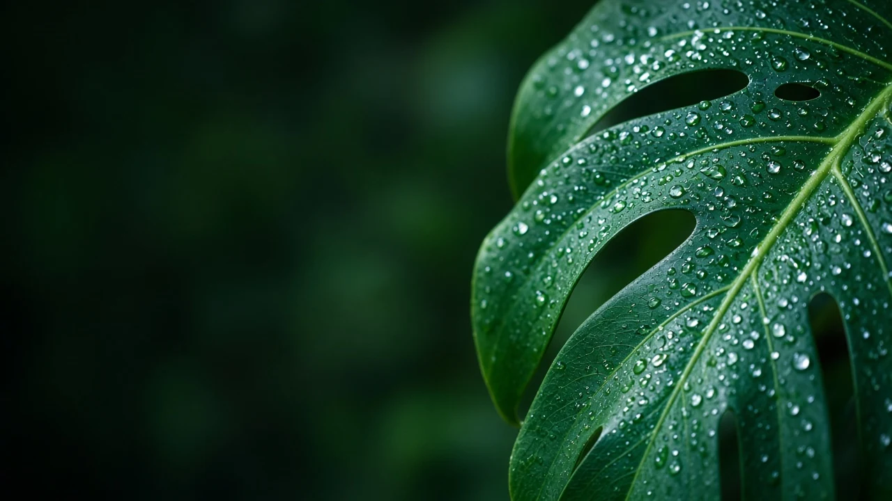 Monstera Dewdrop Foliage with Deep Forest Bokeh
