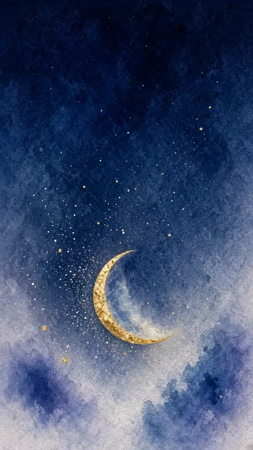 Ethereal Celestial Crescent in Midnight Watercolor Wash
