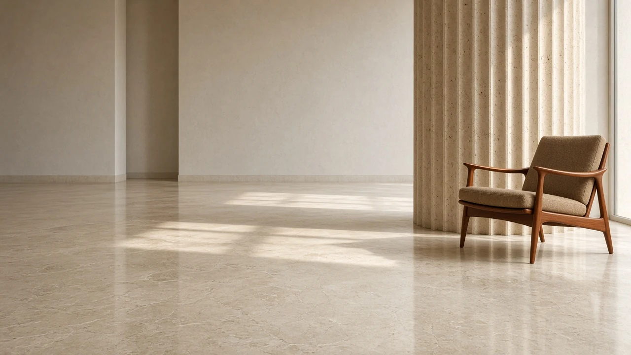 Mid-Century Sculpted Teak Chair Beside Fluted Travertine