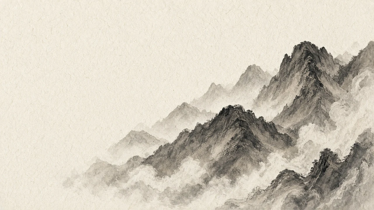 Traditional Sumi-e Ink Mist Mountain Silhouettes