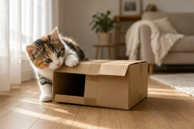 Calico Kitten Investigating Open Cardboard Box in Morning Light