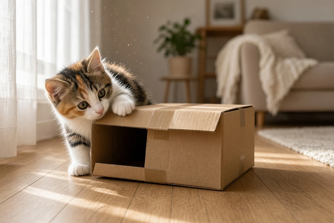 Calico Kitten Investigating Open Cardboard Box in Morning Light
