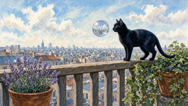 Sleek Black Cat Examining an Iridescent Soap Bubble on Balcony