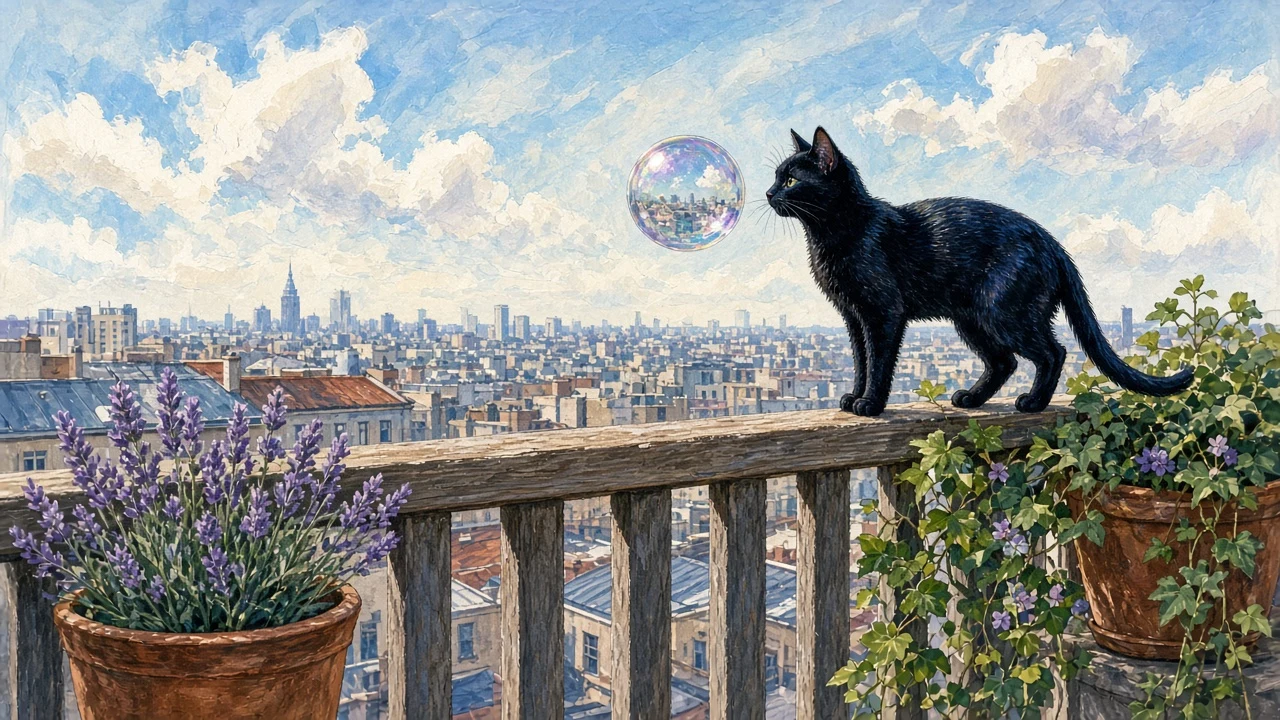Sleek Black Cat Examining an Iridescent Soap Bubble on Balcony