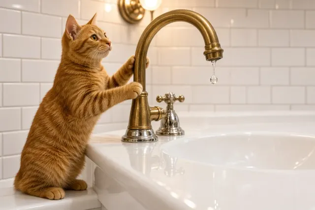 Ginger Tabby Standing on Hind Legs to Inspect Dripping Brass Faucet
