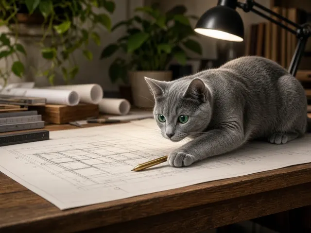 Russian Blue Cat Stalking a Rolling Drafting Pencil Across Studio Table