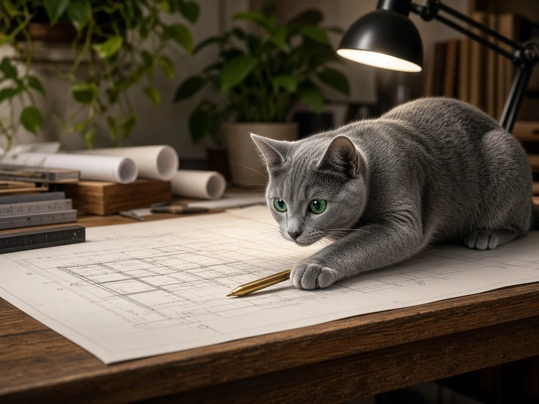 Russian Blue Cat Stalking a Rolling Drafting Pencil Across Studio Table