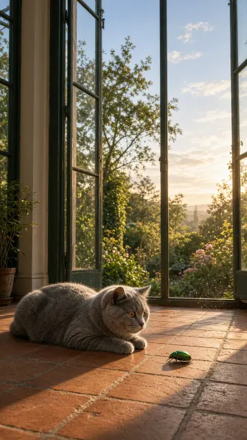 British Shorthair Watching Garden Beetle on Sunroom Terracotta Tiles