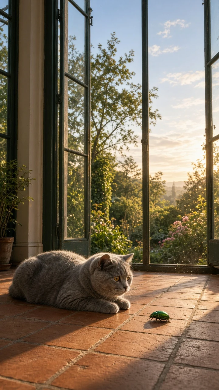 British Shorthair Watching Garden Beetle on Sunroom Terracotta Tiles
