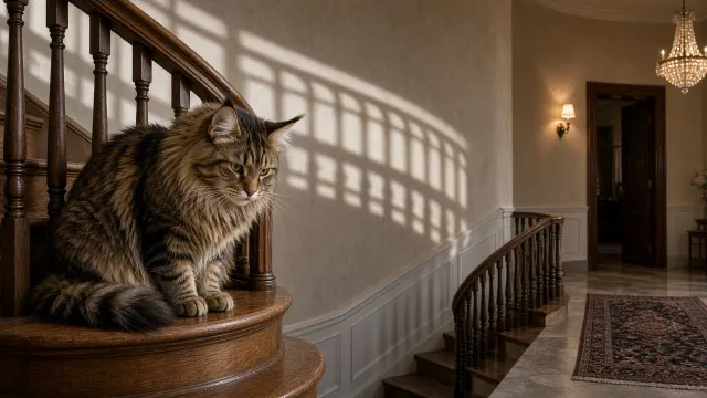 Maine Coon Peering Downward Through Spiral Wooden Staircase Railing
