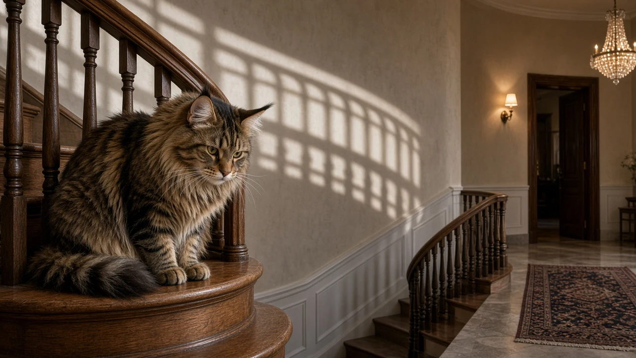 Maine Coon Peering Downward Through Spiral Wooden Staircase Railing