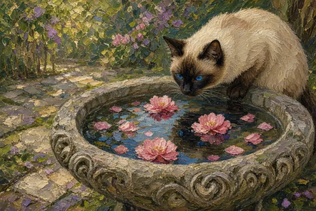 Impressionist Oil Painting of Siamese Cat Examining Floating Blossoms