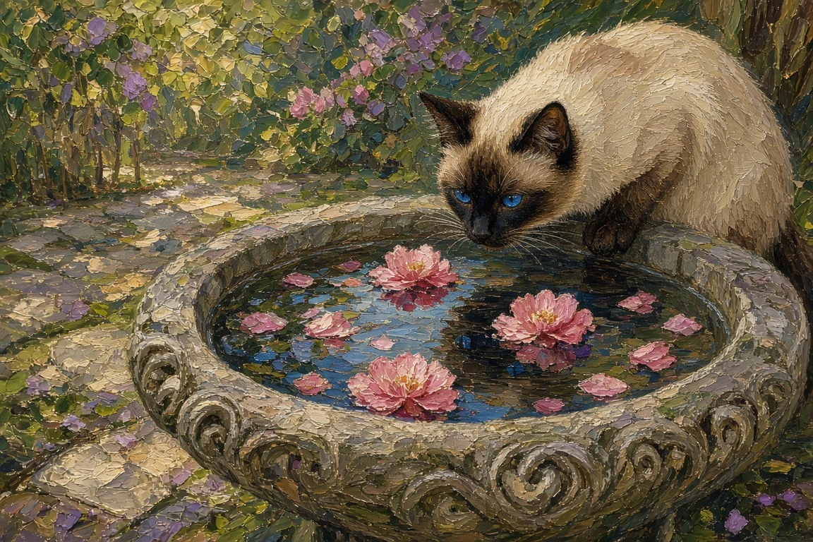Impressionist Oil Painting of Siamese Cat Examining Floating Blossoms