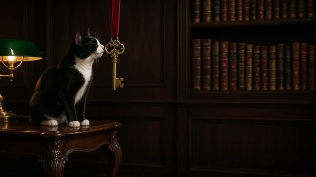 Tuxedo Cat Sniffing Suspended Antique Skeleton Key in Paneled Study