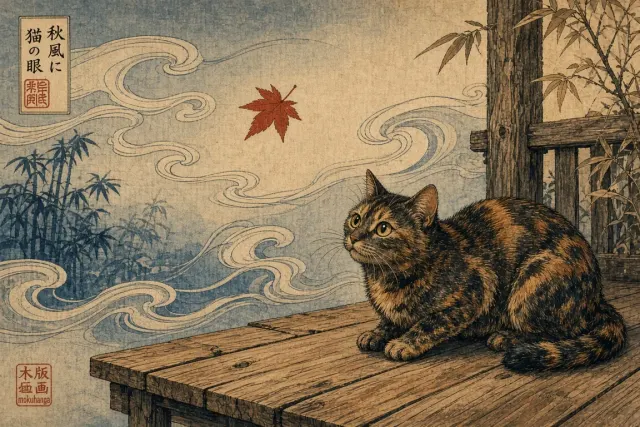 Tortoiseshell Cat Watching Drifting Autumn Maple Leaf in Woodblock Style