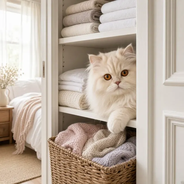 Cream Persian Cat Peeking Behind Open Linen Closet Door