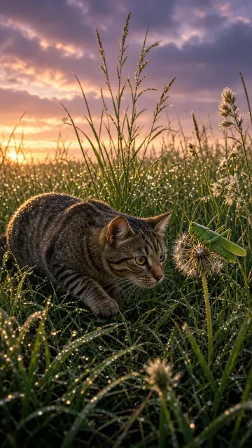 Domestic Shorthair Cat Stalking a Grasshopper in Golden Hour Meadow
