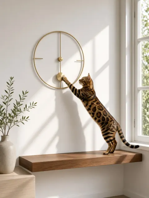 Bengal Cat Inspecting a Swinging Pendulum on Minimalist Wall Clock