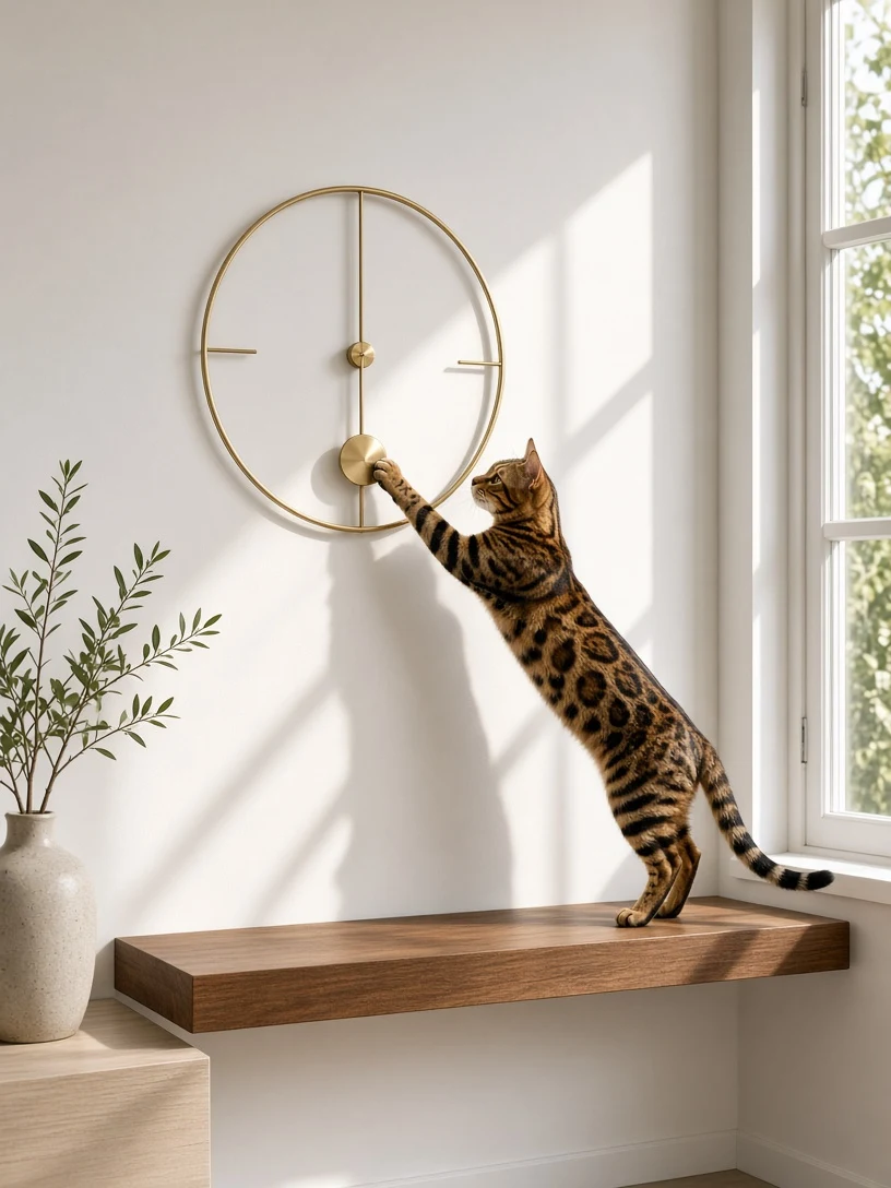 Bengal Cat Inspecting a Swinging Pendulum on Minimalist Wall Clock