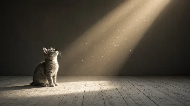 Grey Tabby Looking Upward at Drifting Dust Motes in Sunbeam