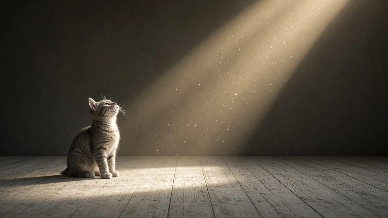 Grey Tabby Looking Upward at Drifting Dust Motes in Sunbeam