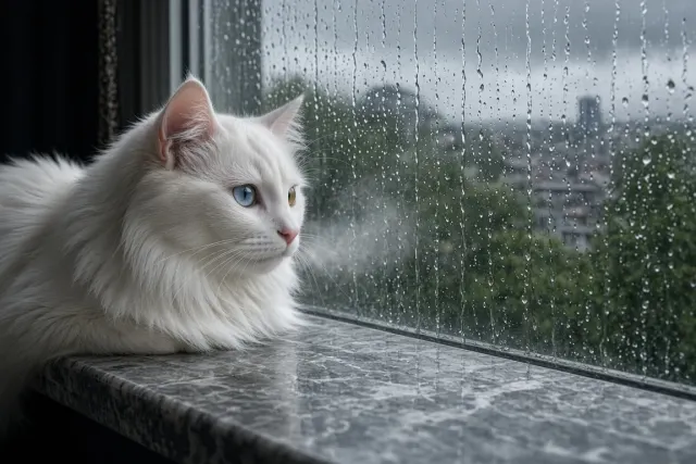 Turkish Angora Watching Raindrops Trickle Down Window Glass