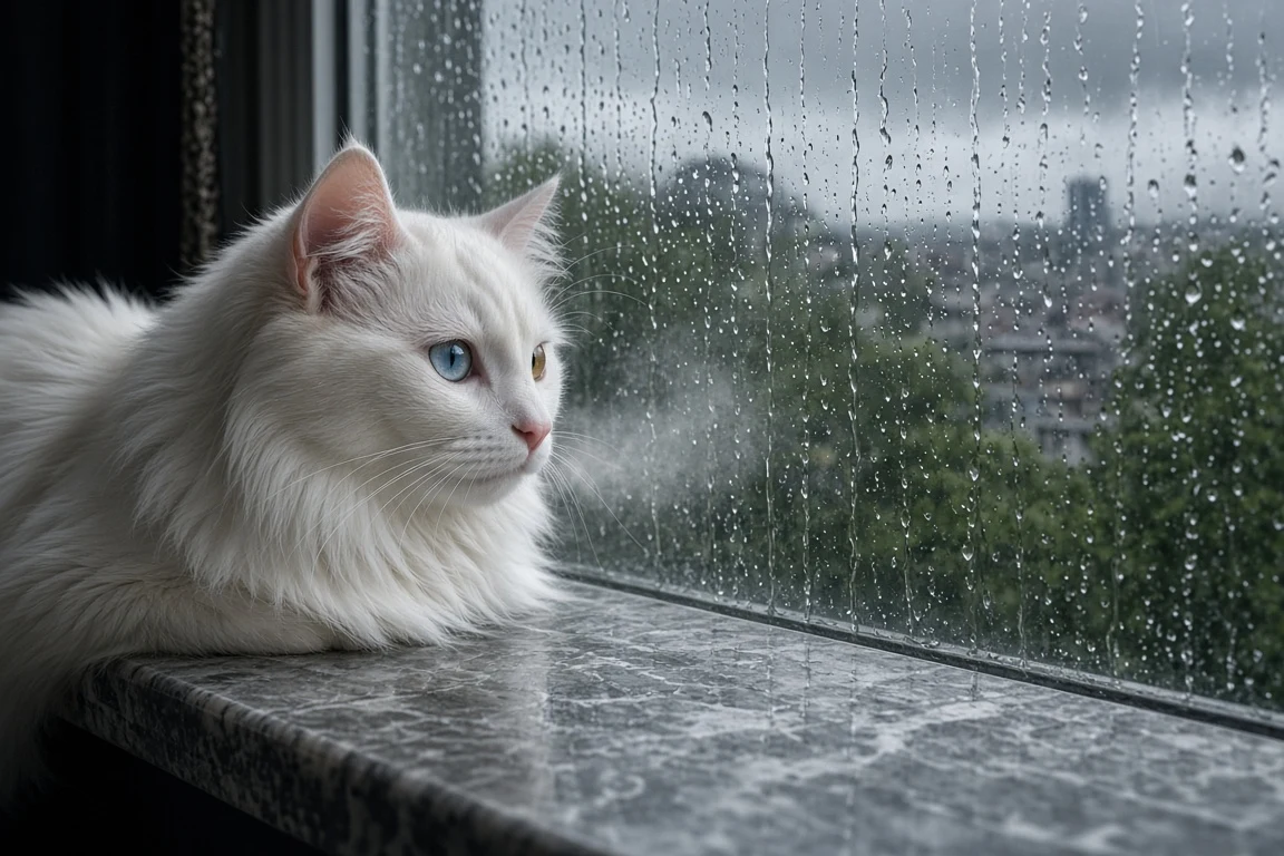 Turkish Angora Watching Raindrops Trickle Down Window Glass