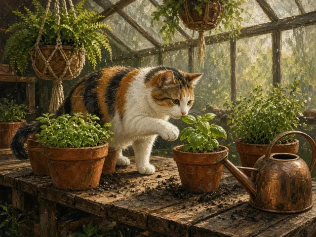 Calico Cat Exploring Seedling Pots on Potting Shed Bench
