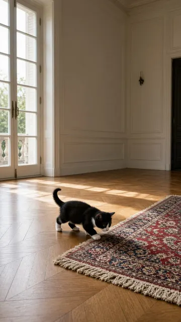 Tuxedo Kitten Cautiously Testing Fringes of an Antique Persian Rug