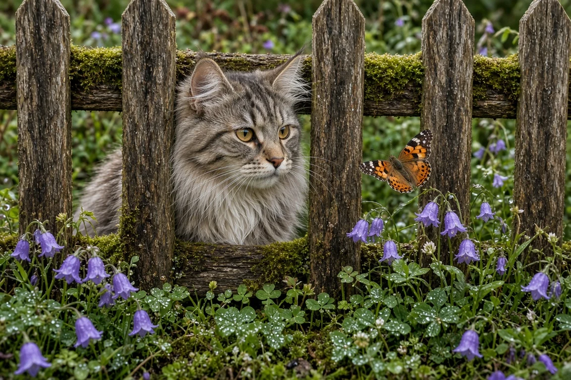 Norwegian Forest Cat Peering Through Rustic Garden Fence Slats