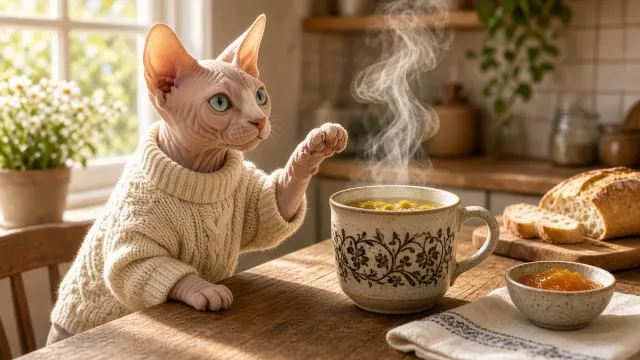 Sphynx Cat in Knit Sweater Pawing at Rising Steam from Breakfast Mug
