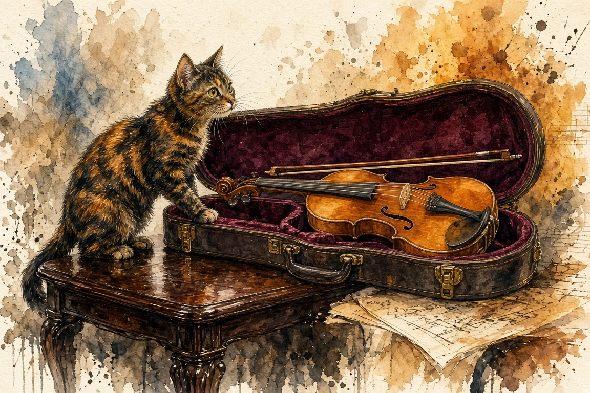 Watercolor of Tortoiseshell Cat Peering into Open Violin Case