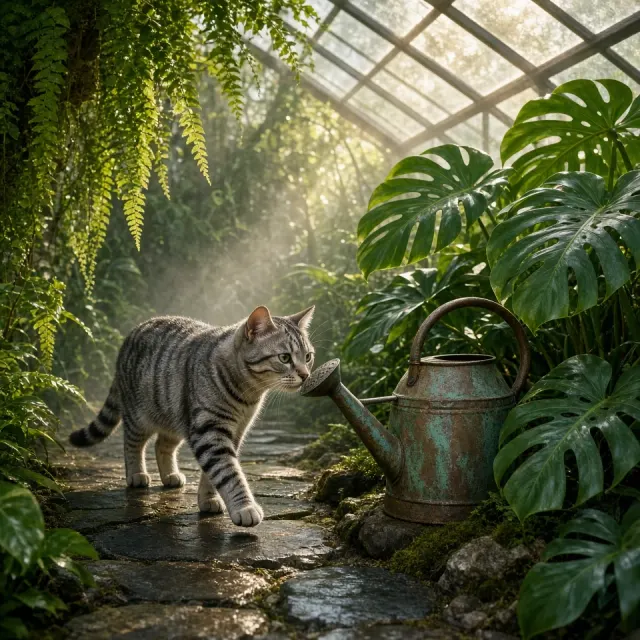 Silver Tabby Exploring Verdant Glass Greenhouse and Copper Can