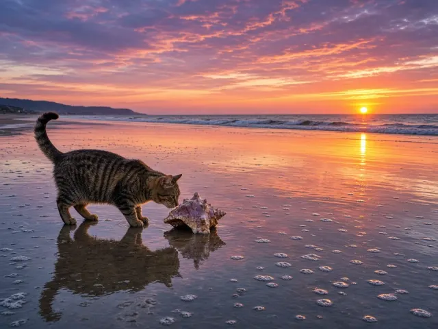 Adventurous Tabby Cat Discovering a Sea Conch on Wet Sunset Beach