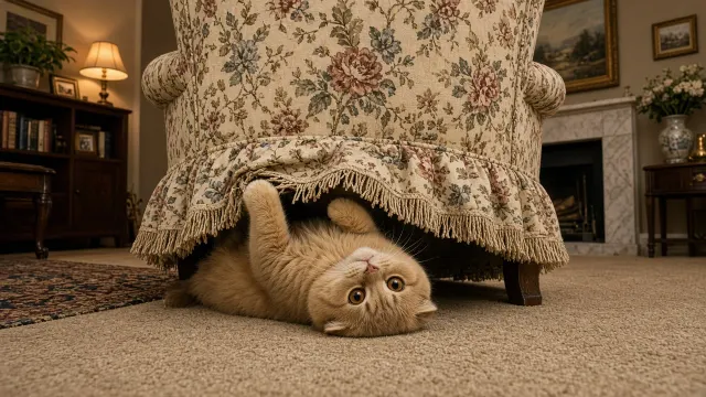 Golden Scottish Fold Peeking Upside Down from Under Armchair Skirt
