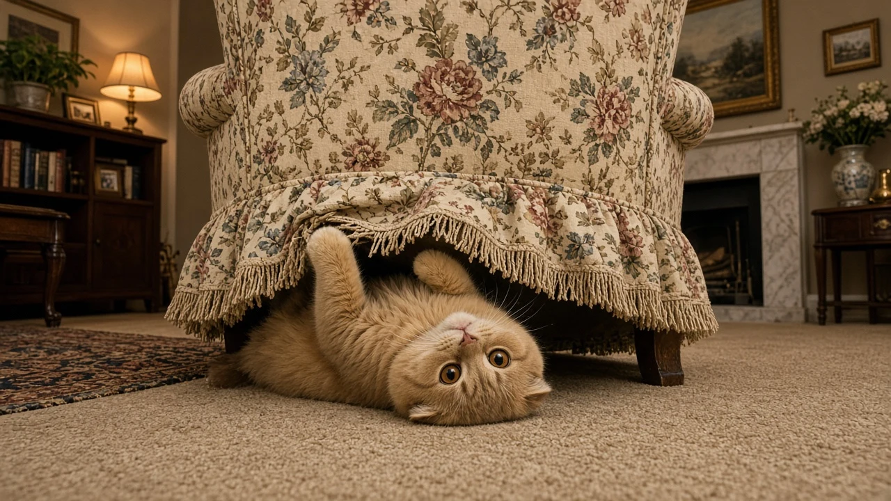 Golden Scottish Fold Peeking Upside Down from Under Armchair Skirt
