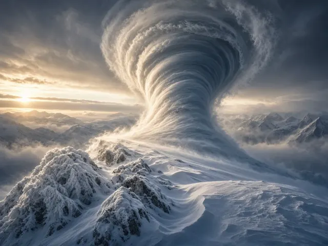 Wind-Whipped Blizzard Vortex over Alpine Ridge