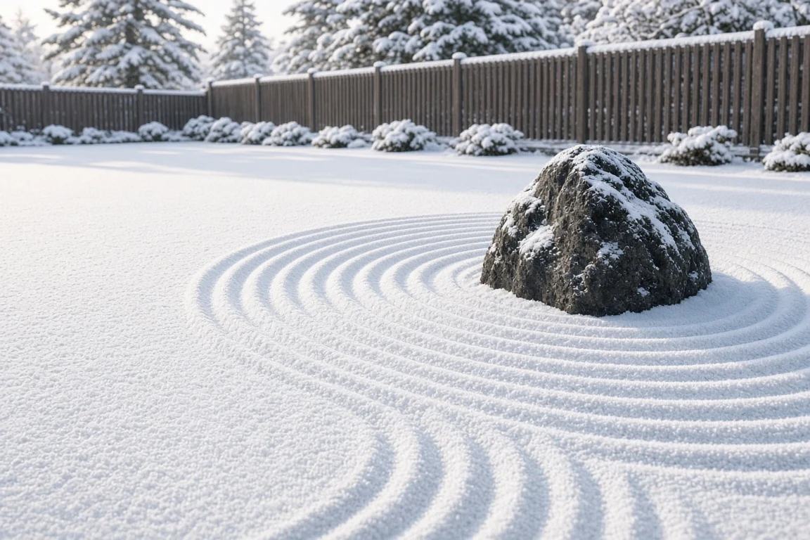 Raked Snow Zen Garden with Smooth River Stone