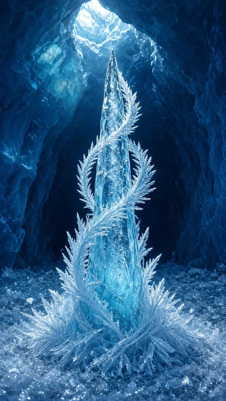 Single Ice Spire with Spiraling Rime Frost Plumes