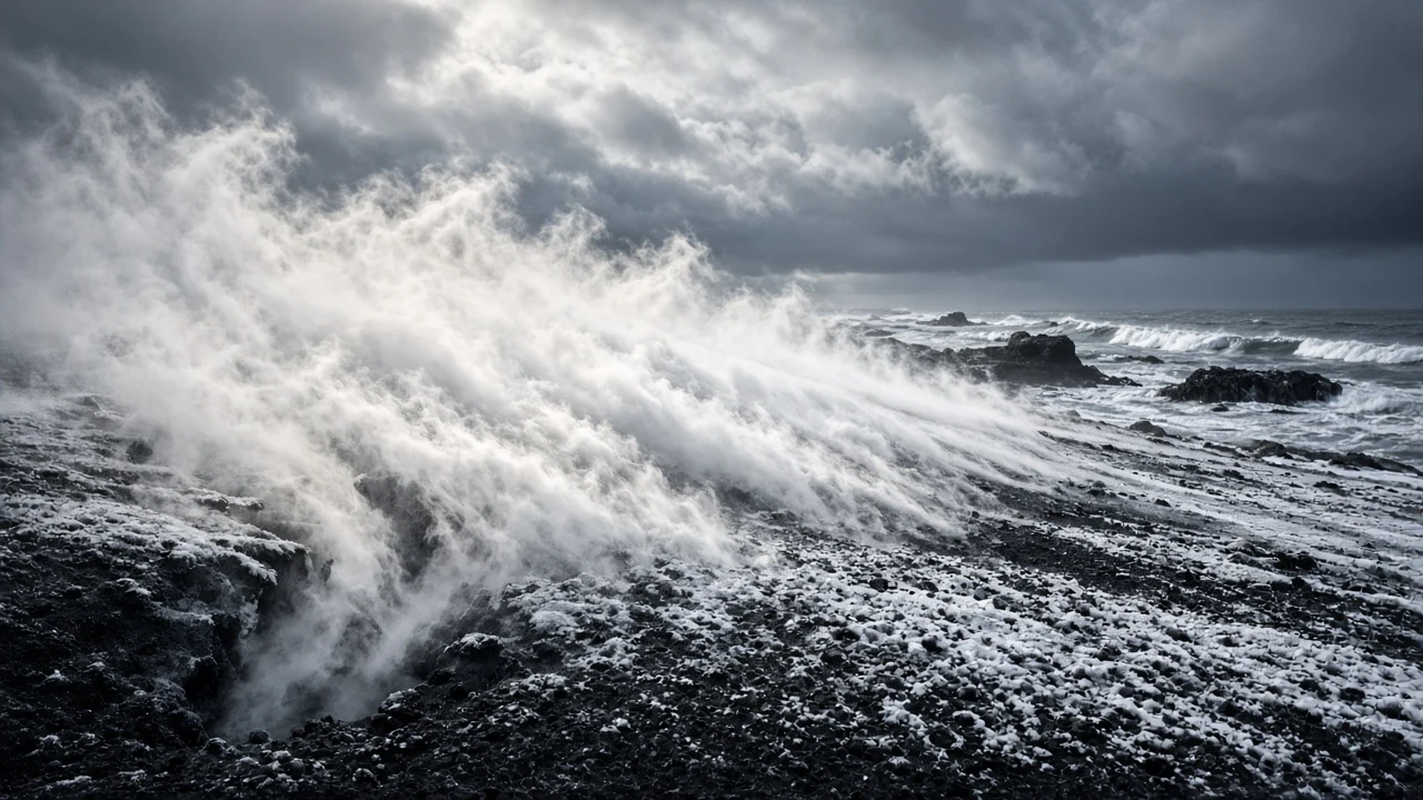 Whirling Geothermal Steam over Frozen Obsidian Sand