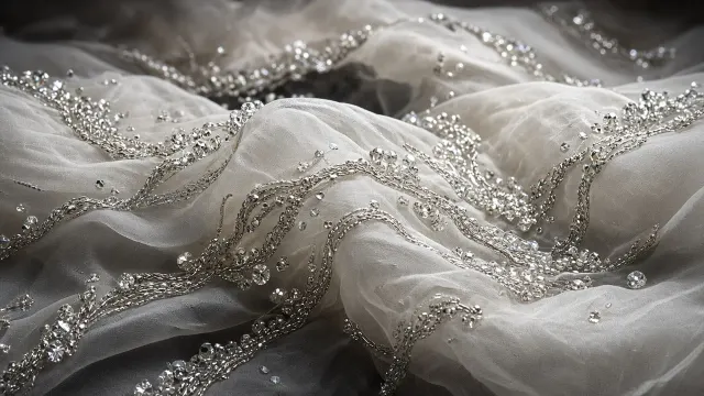 Silver Thread and Silk Organza Winter Swirl Embroidery