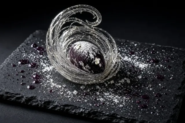 Spun Sugar Frost Swirl on Dark Slate Dessert Art