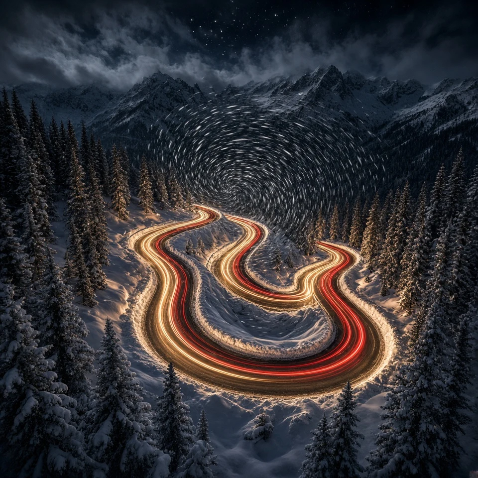 Long Exposure Headlight Snow Swirl on Alpine Serpentine