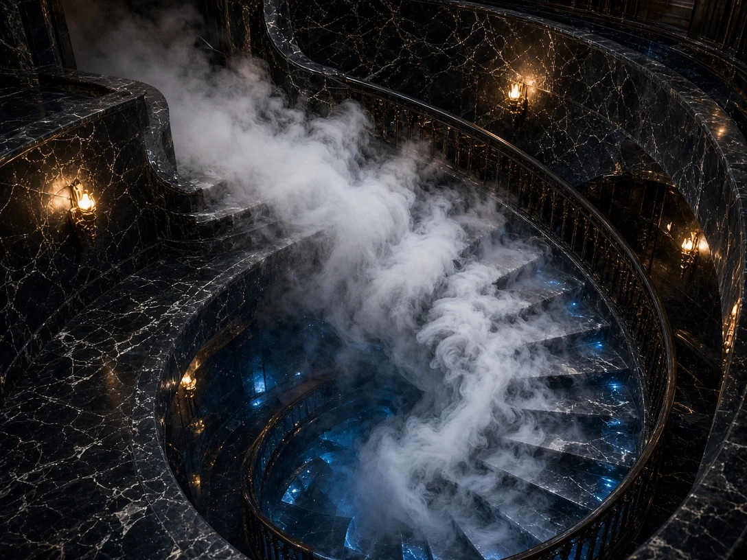 Dry Ice Fog Cascading down Black Marble Spiral Stairs