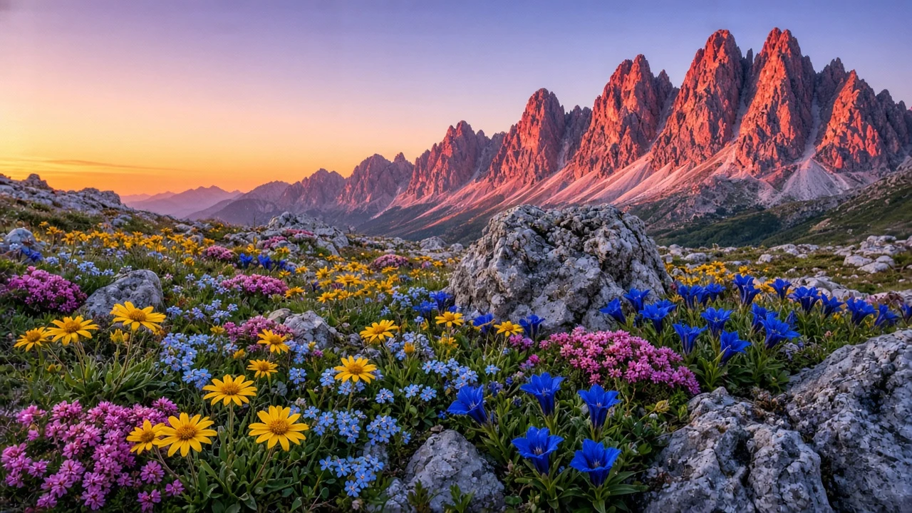 Alpine Pasture Wildflowers Against Alpenglow Peaks