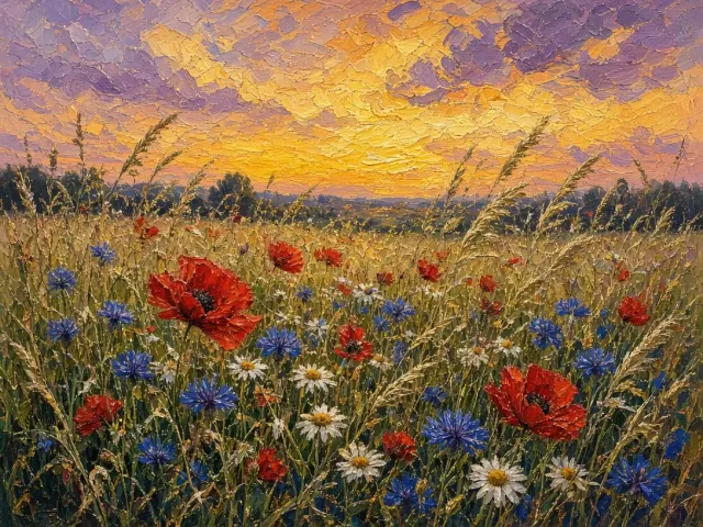 Impressionist Oil Meadow with Poppies and Cornflowers