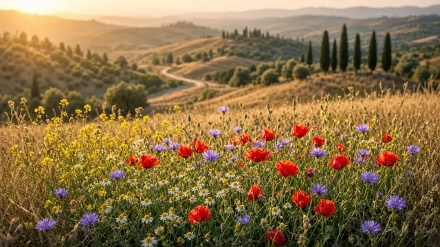 Tuscan Crest Meadow with Red Poppies and Wild Herbs