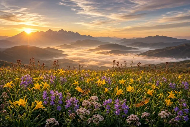 Japanese Highlands Meadow Under Sunset Mist
