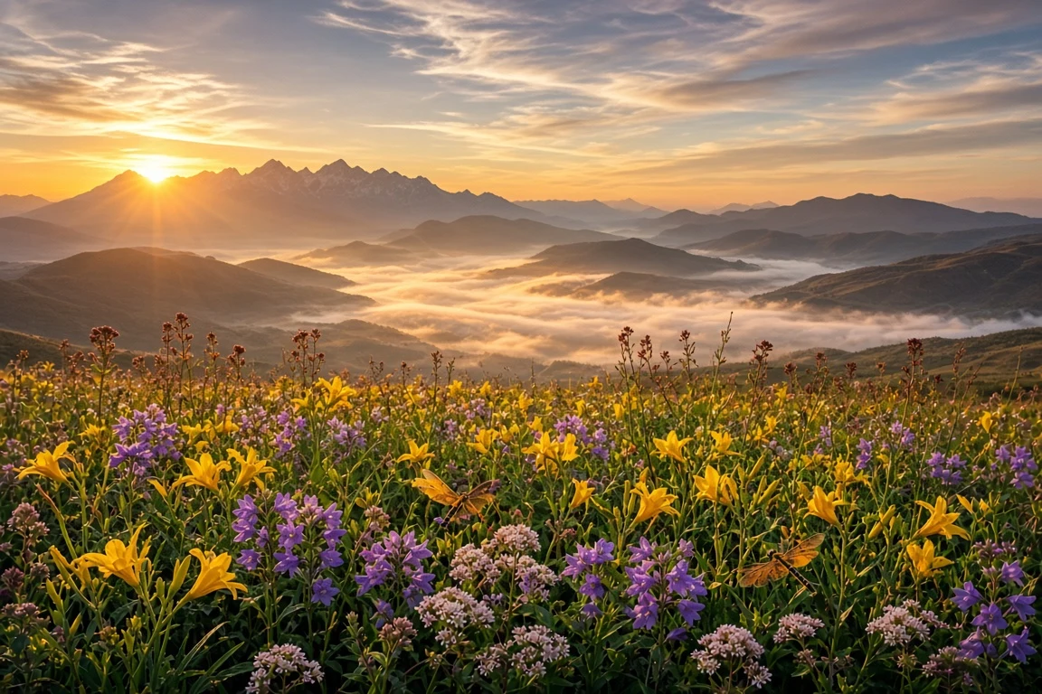 Japanese Highlands Meadow Under Sunset Mist